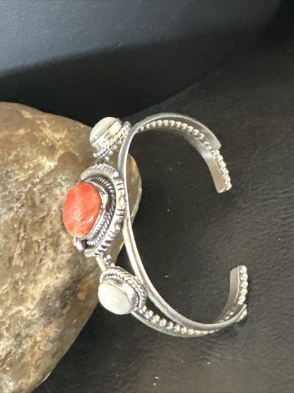 Red Spiny Oyster White MOP Navajo Sterling Silver Cuff Bracelet 17705