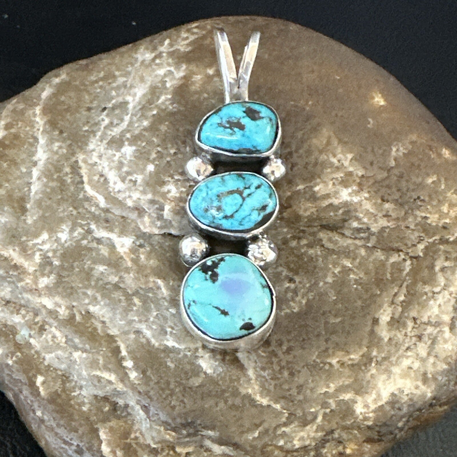 Blue Turquoise 3 Stone Navajo Sterling Silver Cluster Pendant Only 18348