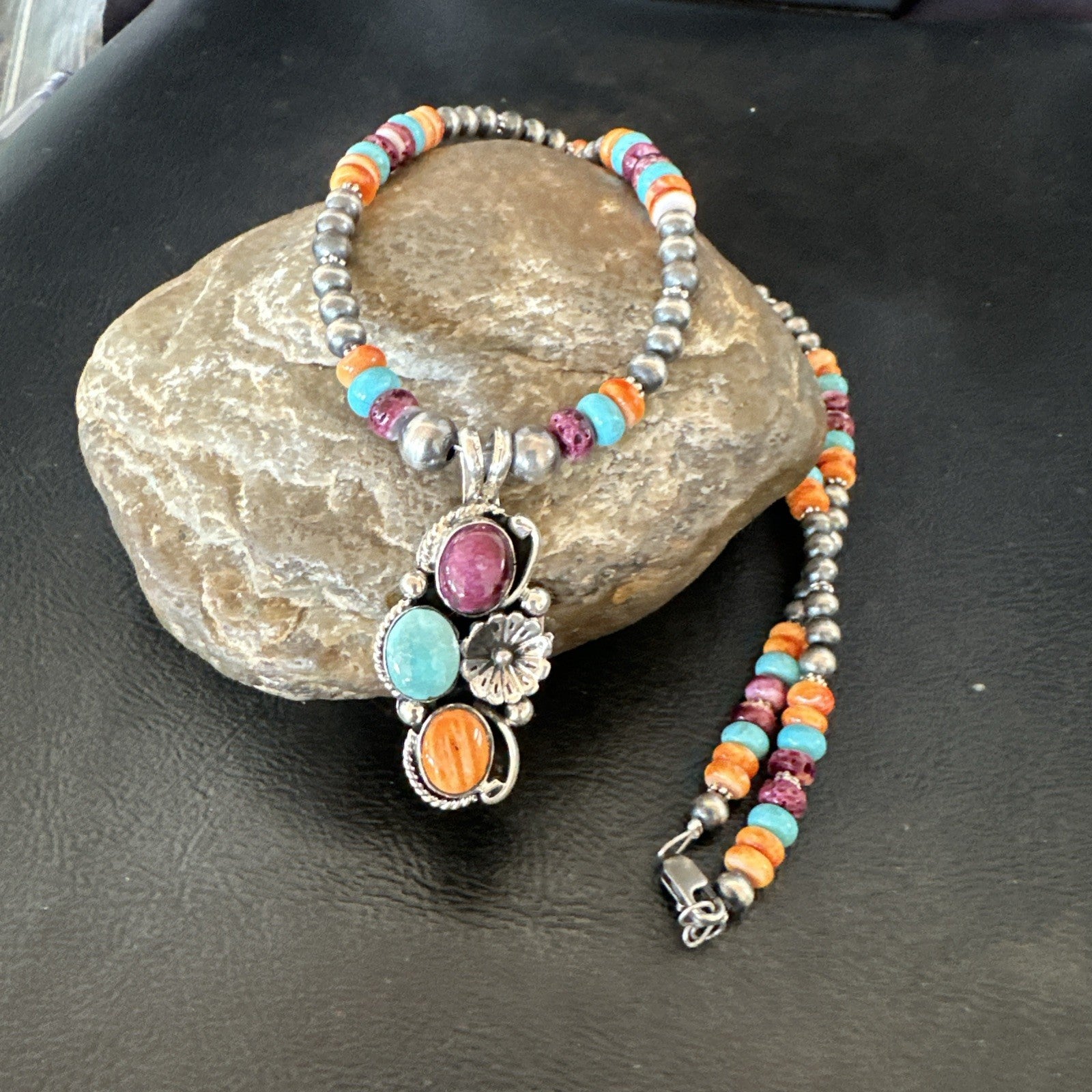 Multicolor Turquoise Spiny Navajo Sterling Silver Cluster Pendant Necklace 19641