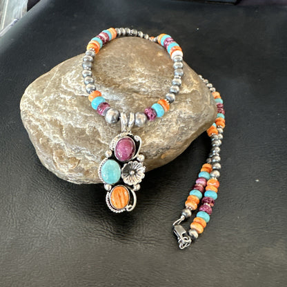 Multicolor Turquoise Spiny Navajo Sterling Silver Cluster Pendant Necklace 19641