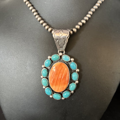 Blue Cluster Kingman Turquoise Sterling Orange Spiny Oyster Pendant 14354