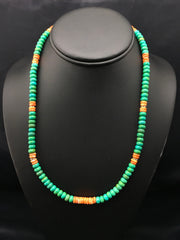 Green Turquoise Spiny Oyster Navajo Necklace 19" | Sterling Silver | Authentic Native American Handmade | 04488