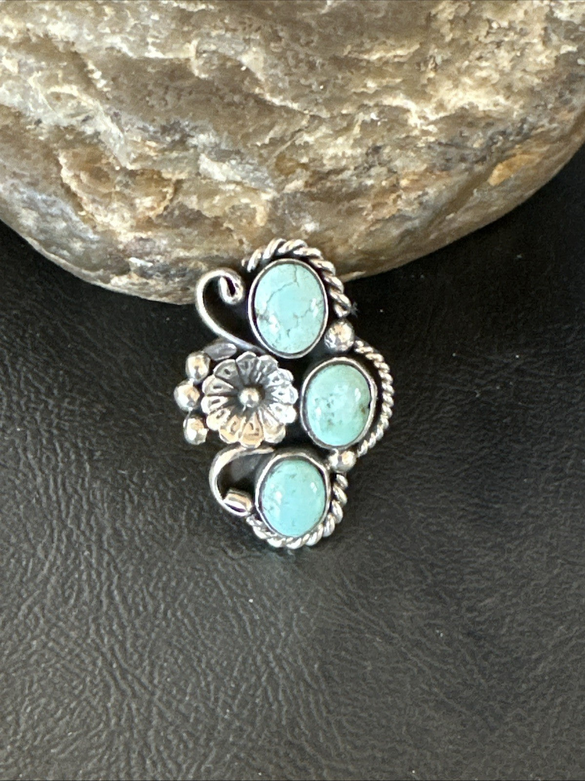 Yazzie Ring Blue Turquoise Navajo Sterling Silver Cluster Size 8.5 19226