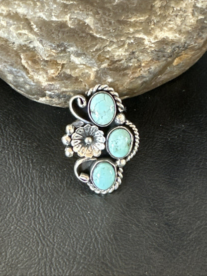 Yazzie Ring Blue Turquoise Navajo Sterling Silver Cluster Size 8.5 19226