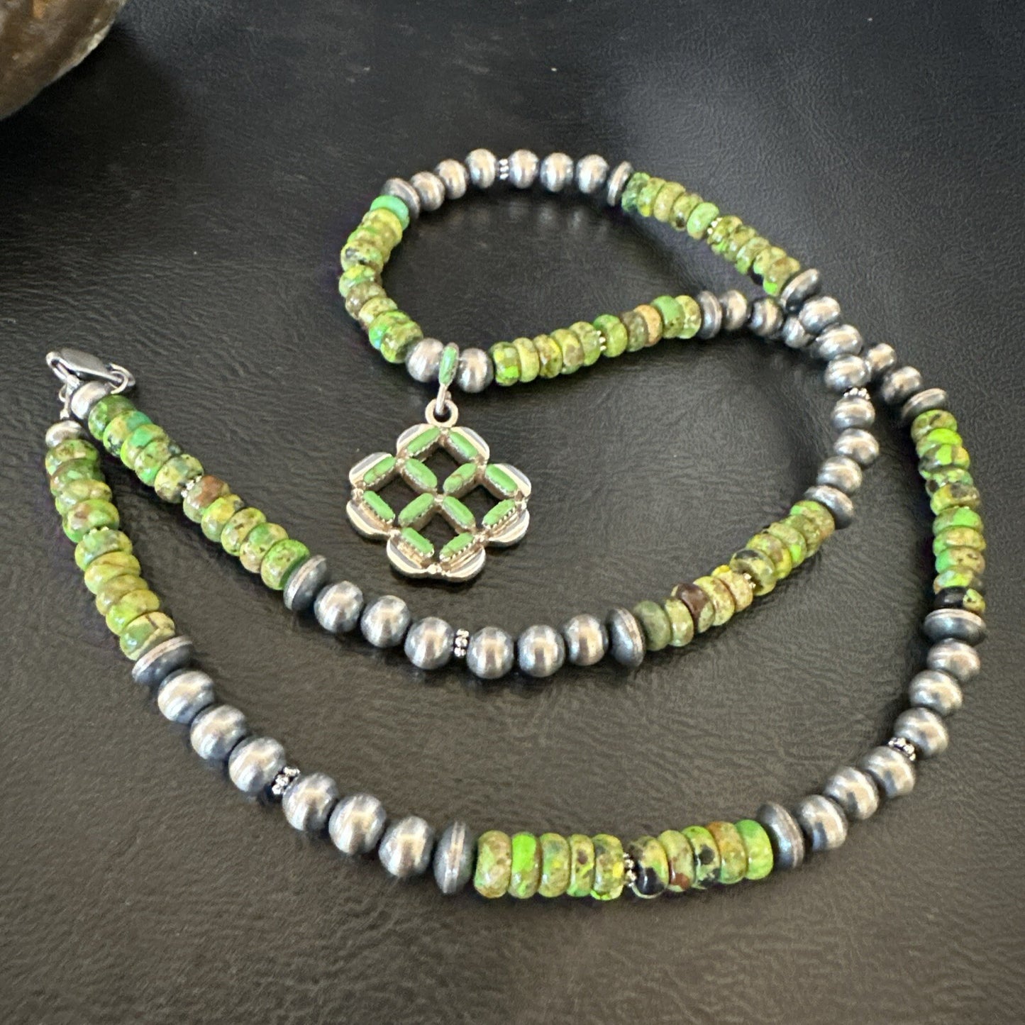 Womens Green Gaspeite Turquoise Pendant Navajo Sterling Silver Necklace 18370