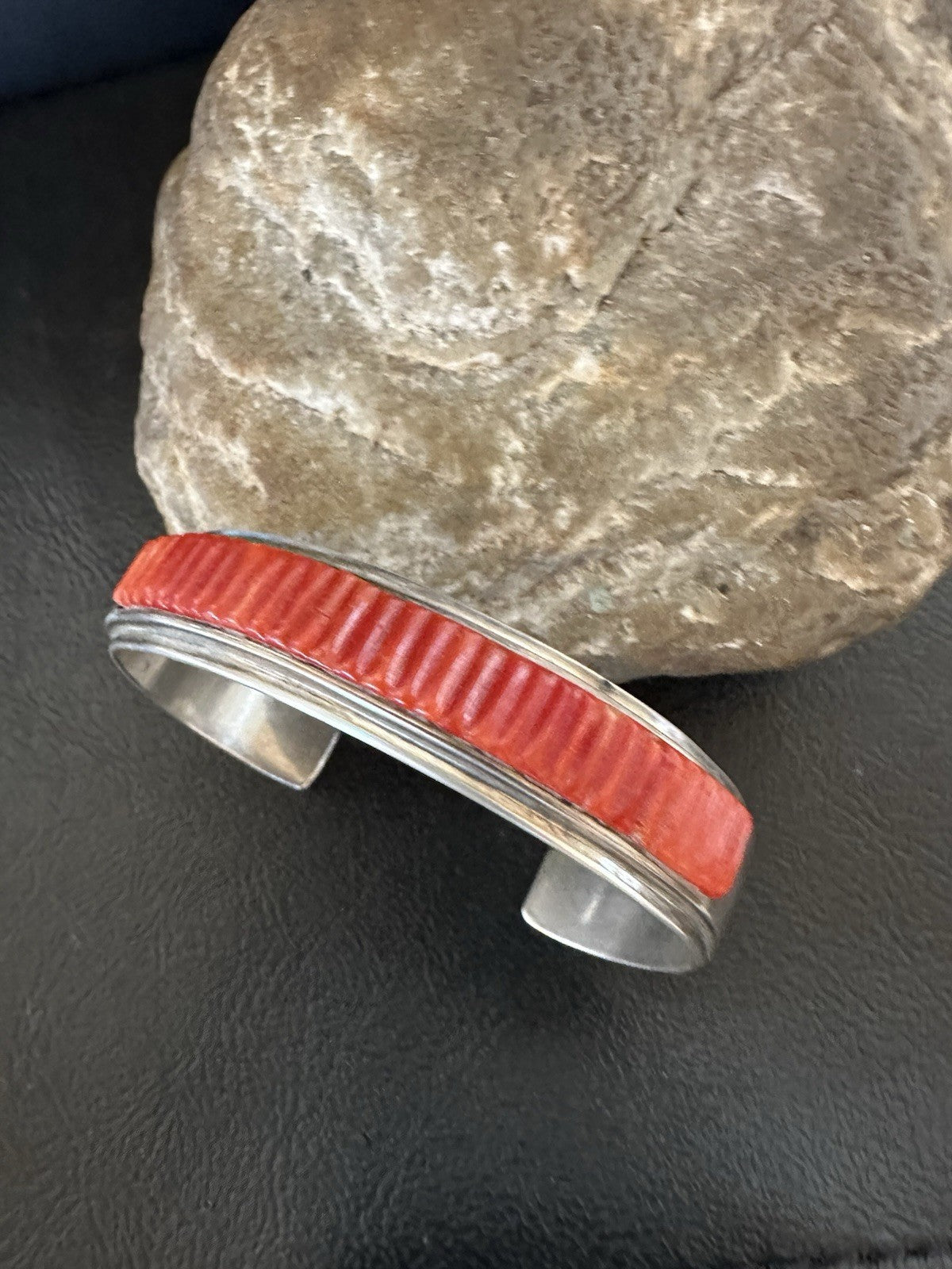 Native American Red Coral Navajo Bracelet Sterling Silver Handmade 19461