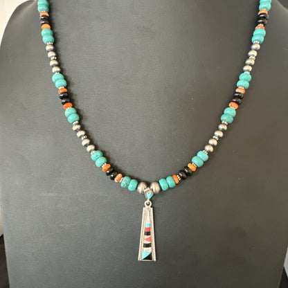 Multicolor Turquoise Spiny  Zuni Sterling Silver Inlay Pendant Necklace 19664
