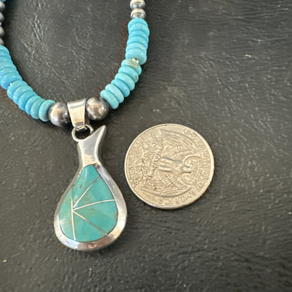 Pottery Blue Turquoise Inlay Pendant Navajo Sterling Silver Necklace 20" 19678