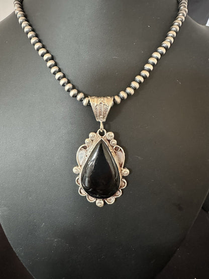 Black Onyx Pendant Navajo Pearls Sterling Silver Necklace 19384