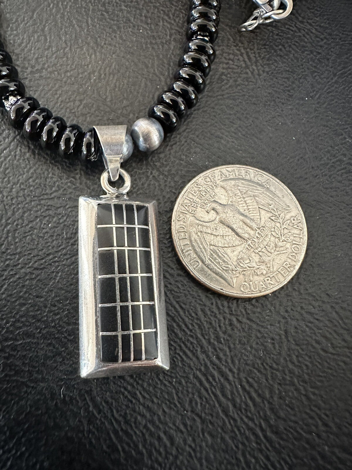 Mens Womens Black Onyx Pendant Navajo Sterling Silver Beads Necklace 18331