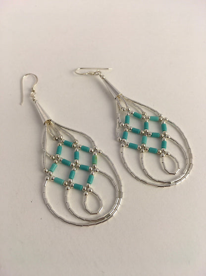 Native Blue Turquoise Heishi Liquid Sterling Silver Dangle Earrings 2" 08878