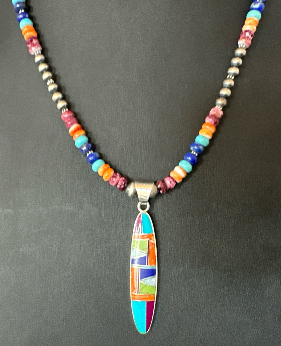 Multicolor Turquoise Spiny Navajo Sterling Silver Inlay Pendant Necklace 19643