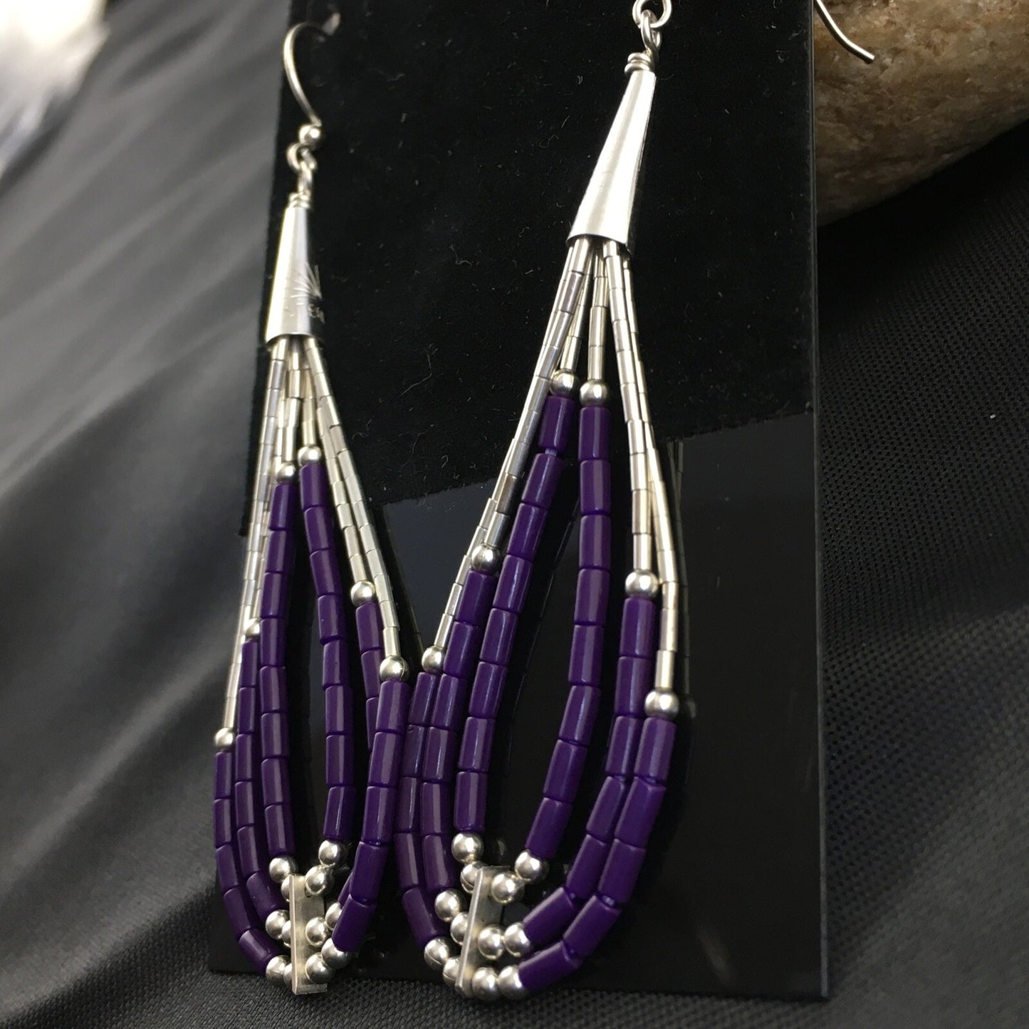 Purple Stone 3 Strands Heishi Liquid Sterling Silver Dangle Earrings 1989