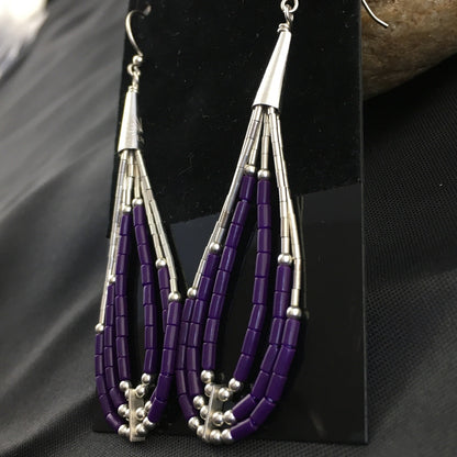 Purple Stone 3 Strands Heishi Liquid Sterling Silver Dangle Earrings 1989