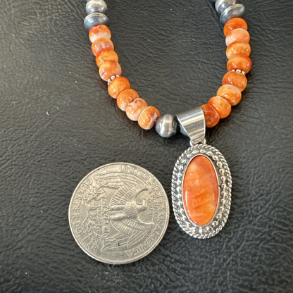 Orange Spiny Oyster Navajo Pearls Sterling Silver  Necklace Pendant 18679