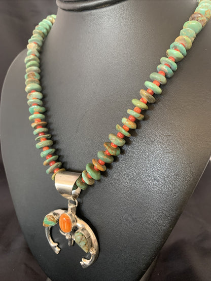 Blue Turquoise Spiny Oyster Naja Pendant Navajo Sterling Silver Necklace 10255
