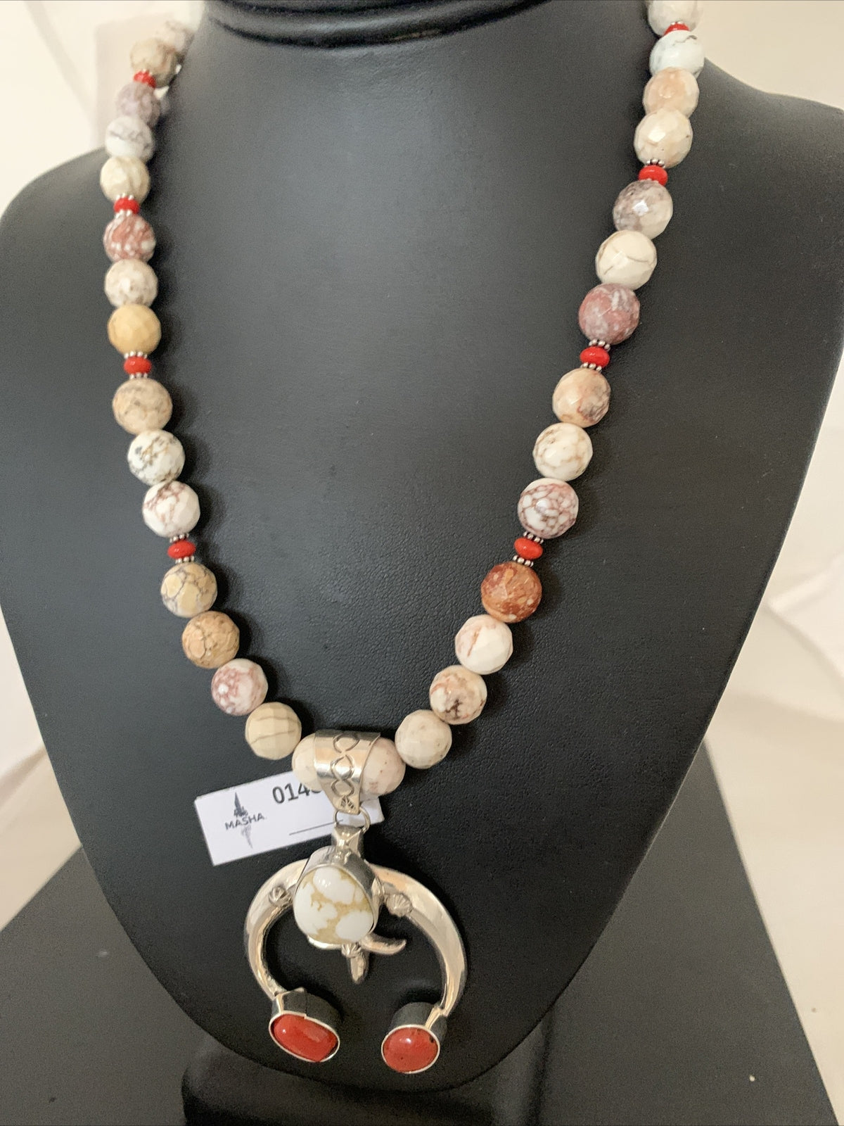 White Buffalo Turquoise Coral Naja Pendant Navajo Sterling Silver Necklace 01434
