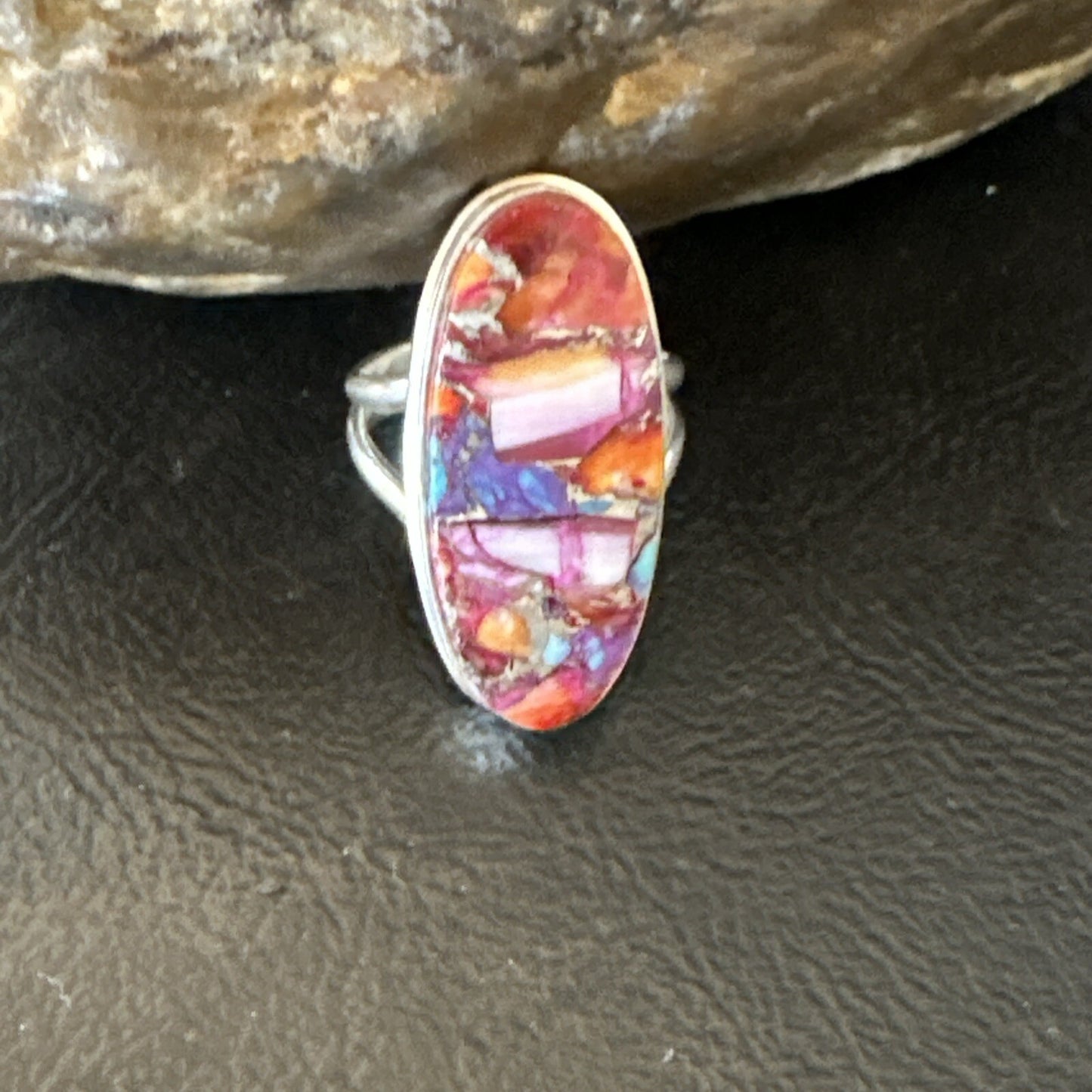 Blue Turquoise Spiny Oyster Southwestern Sterling Silver Ring Size 6 18536