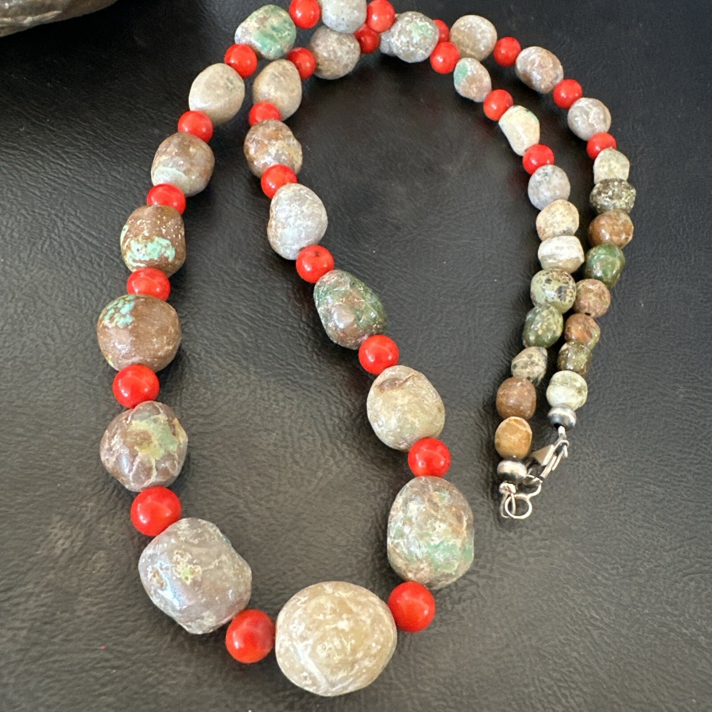 Rustic Turquoise Red Coral Navajo Pearls Sterling Silver Necklace 24" 18320