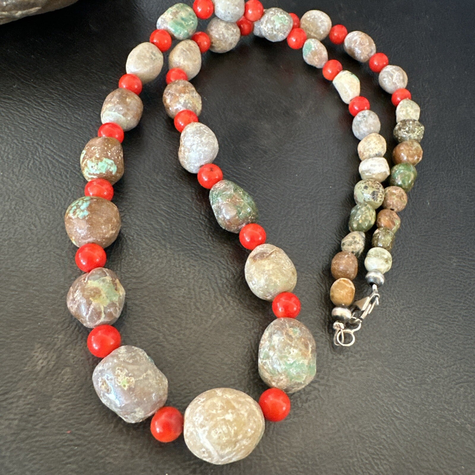Rustic Turquoise Red Coral Navajo Pearls Sterling Silver Necklace 24" 18320