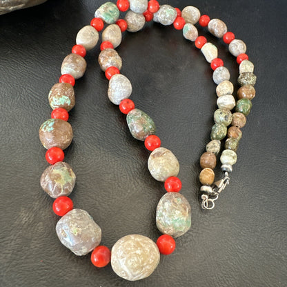 Rustic Turquoise Red Coral Navajo Pearls Sterling Silver Necklace 24" 18320