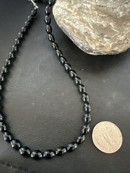 Mens Women Melon Beads Black Onyx Navajo Sterling Silver Necklace 18” 17921
