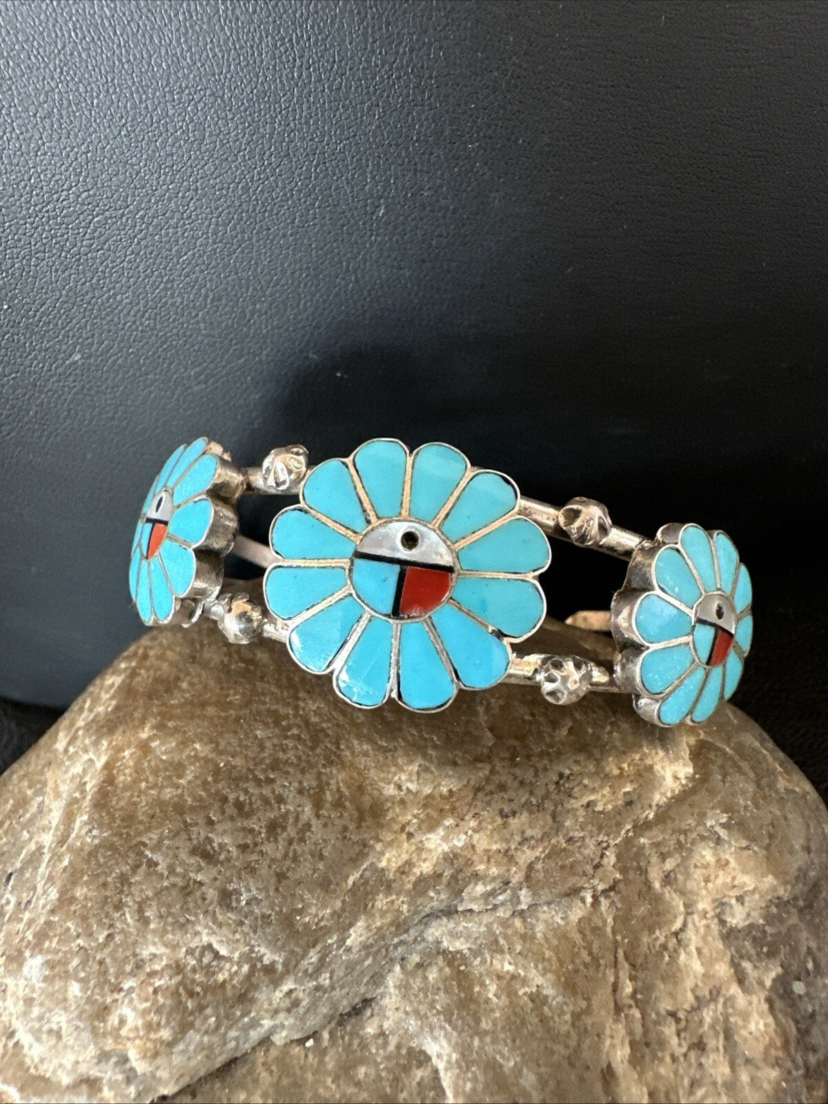 Blue Turquoise Coral MOP Zuni Sterling Silver Inlay Sunface Cuff Bracelet 18873