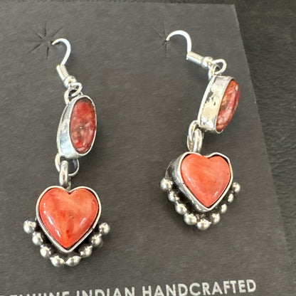 Yazzie Red Heart Spiny Oyster Navajo Sterling Silver Dangle Earrings 19797