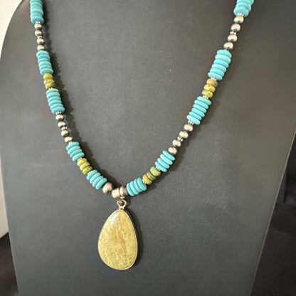 Green Gaspeite Pendant Blue Turquoise Navajo Sterling Silver Necklace 20" 19673