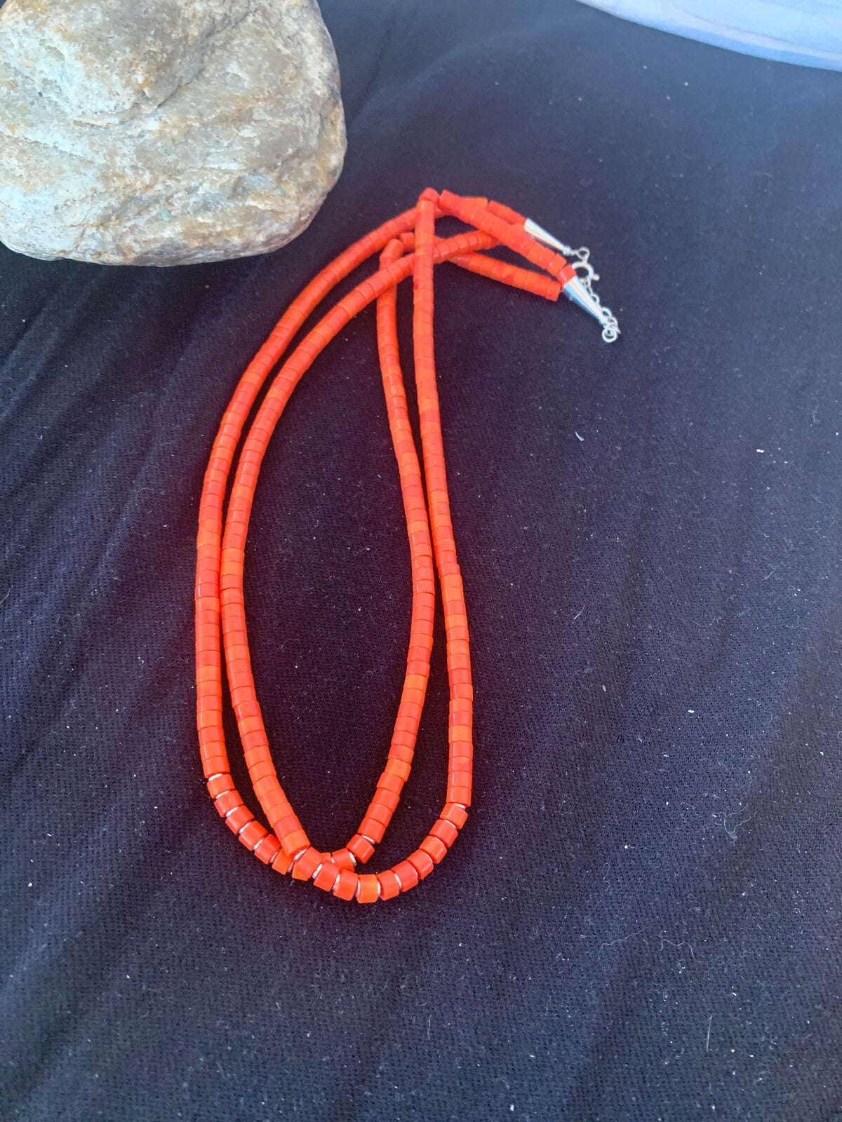 Apple Coral Tube Heishi Bead 2 Strand Navajo Sterling Silver Necklace 4700