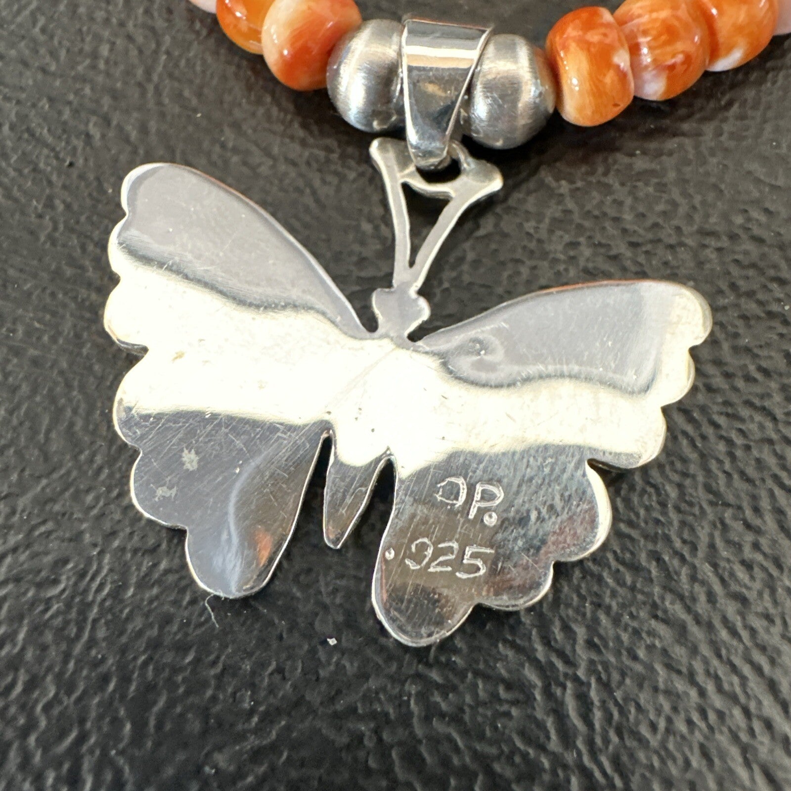 Butterfly Orange Spiny Oyster Opal Inlay Sterling Silver  Necklace Pendant 18676