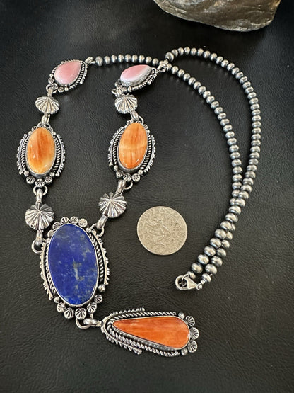 Multicolor Spiny Lapis Pendant Navajo Sterling Silver Lariat Necklace 28" 19438