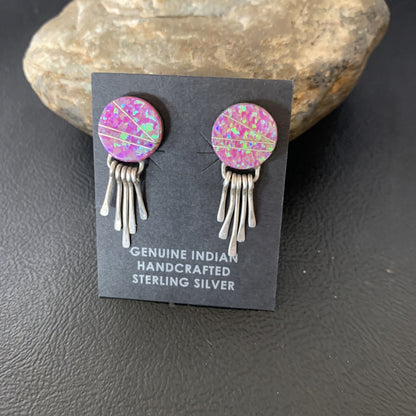 Womens Pink Opal Inlay Navajo Sterling Silver Dangle Post Earrings 1.3" 12758
