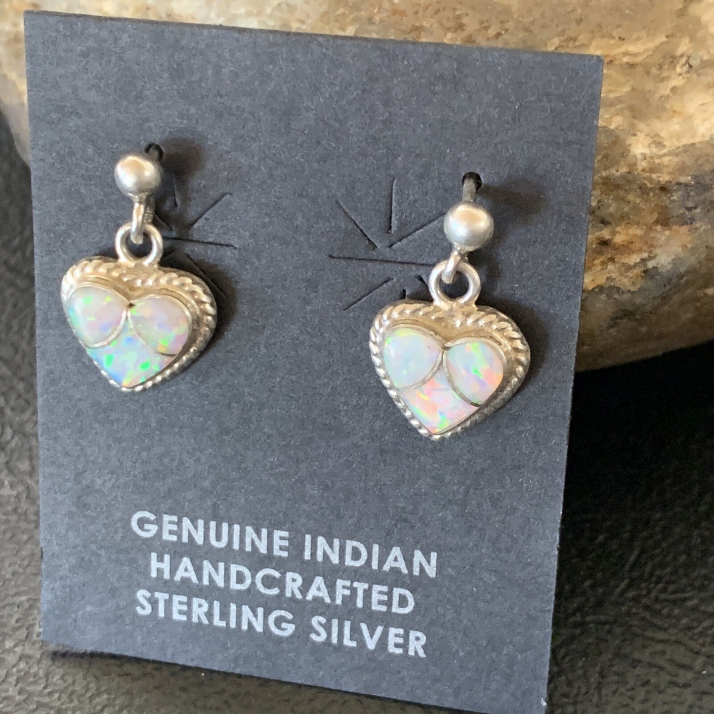 Womens White Opal Inlay Navajo Sterling Silver Dangle Post Earrings 0.5" 12761