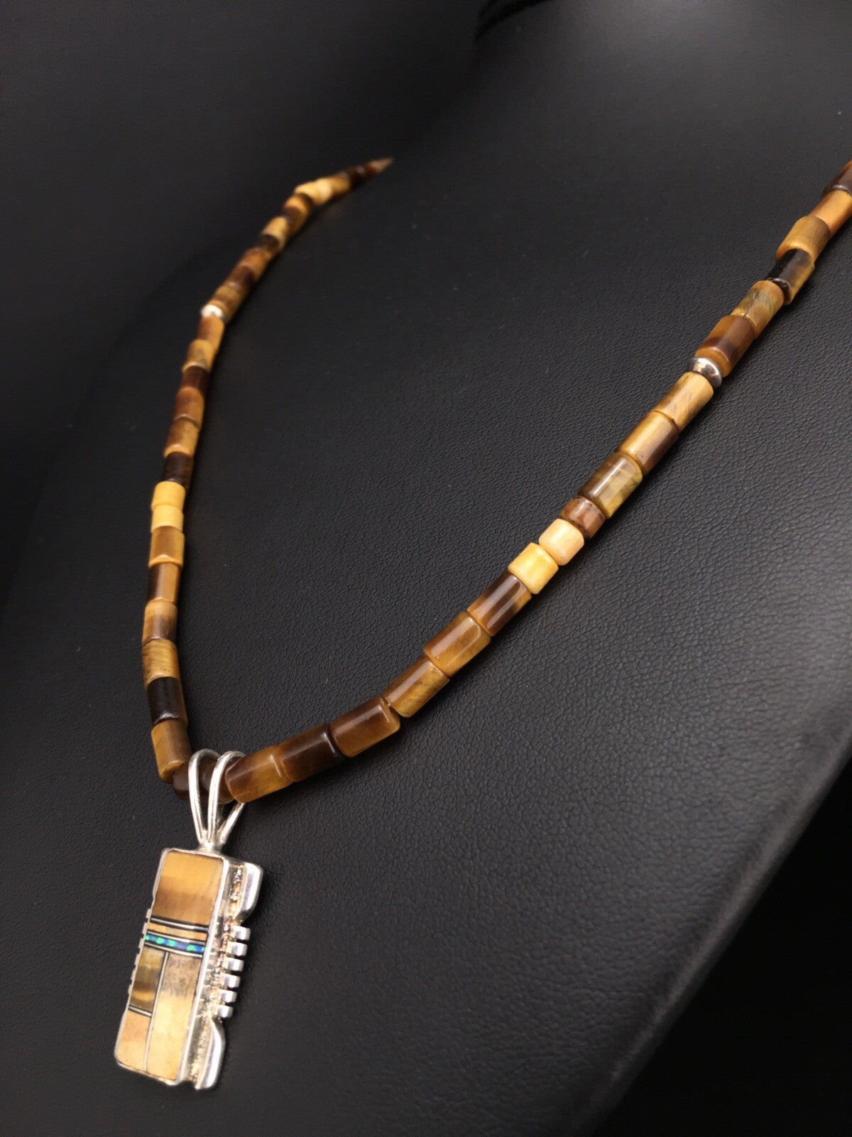 Native Tiger's Eye Inlay Pendant Navajo Sterling Silver 21" Necklace 4895