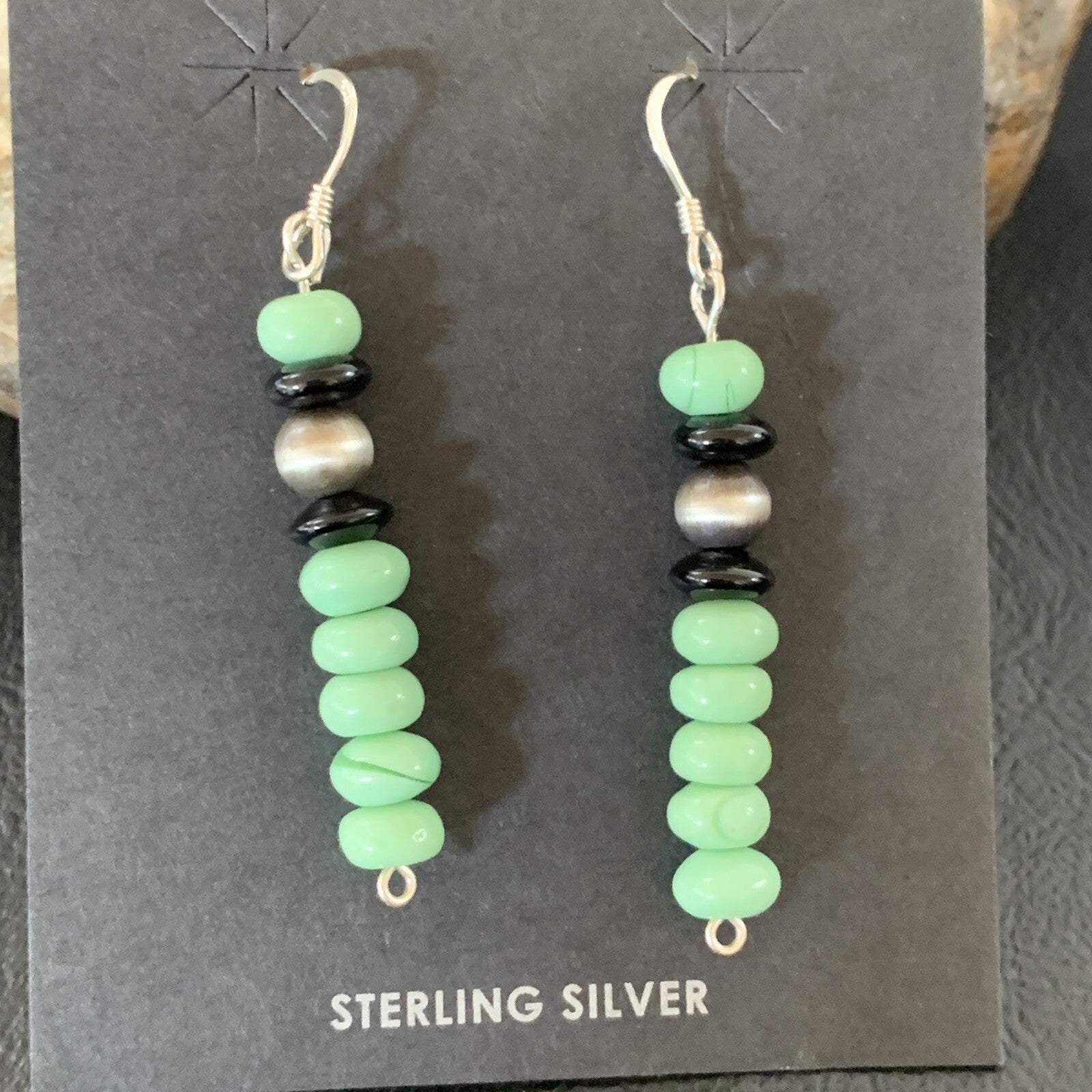 Green Malachite & Black Onyx Navajo Sterling Silver Beads Earrings 04486