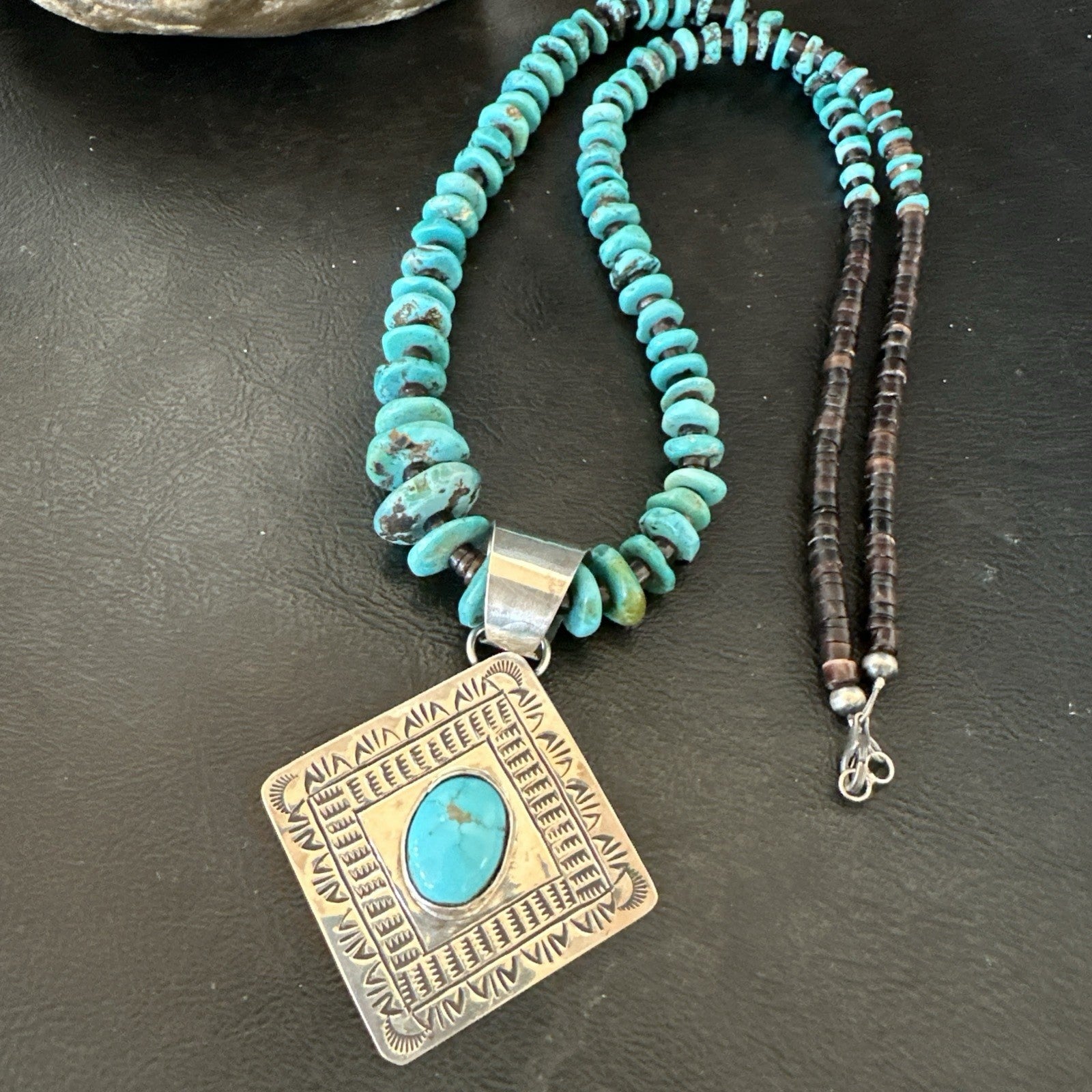 Navajo Blue Turquoise Stamped Pendant Shell Sterling Silver 29” Necklace 19704