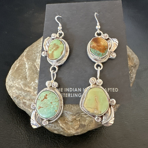 Green Royston Turquoise Navajo Dangle Earrings | Sterling Silver | Authentic Native American Handmade | 19600