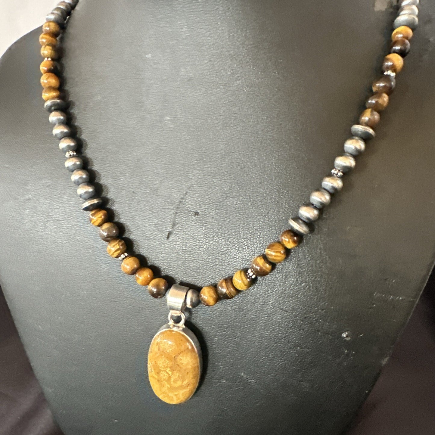 Coffee Brown Tigers Eye Sterling Silver Pendant Necklace Southwestern 18281