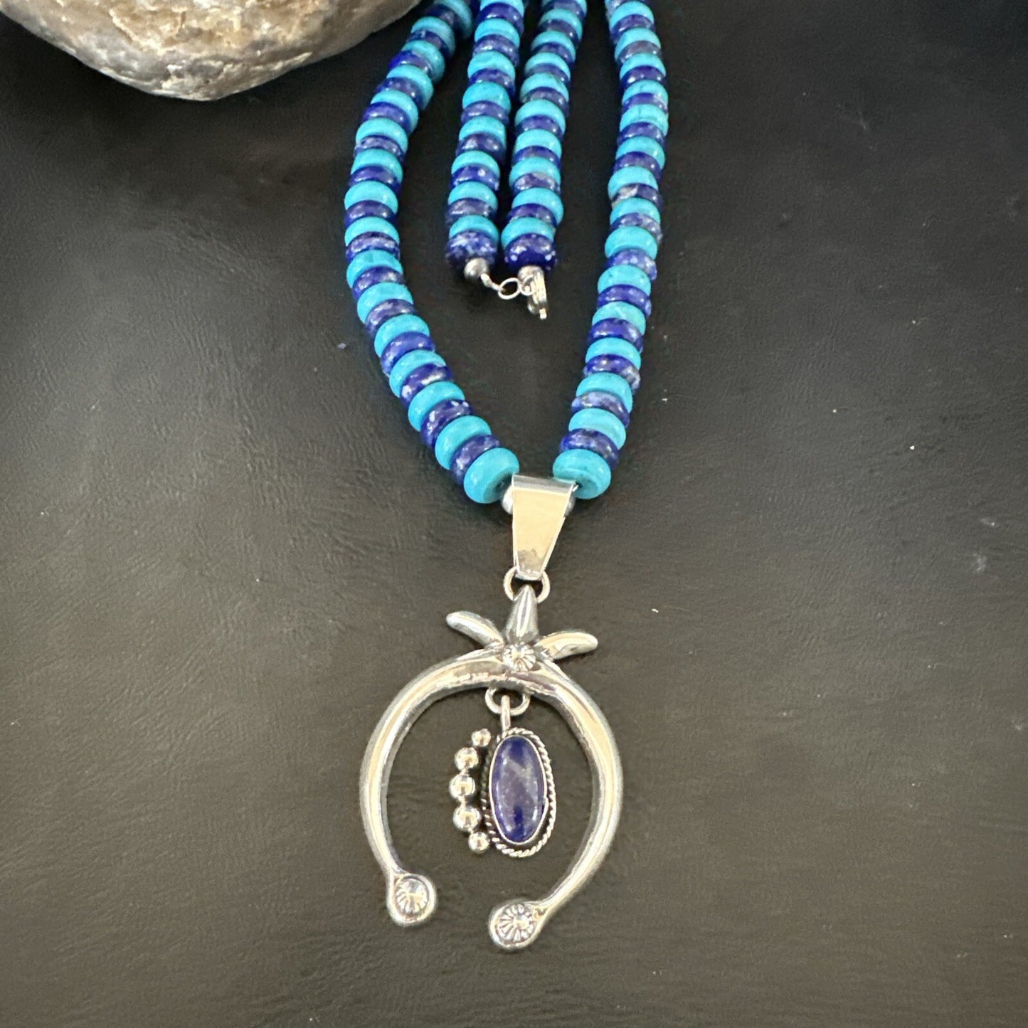 Mens Blue Lapis Turquoise Naja Pendant Navajo Sterling Silver Necklace 21" 17689