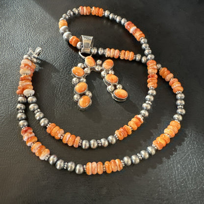 Orange Spiny Oyster Naja Pendant Navajo Pearls Sterling Silver Necklace 19669