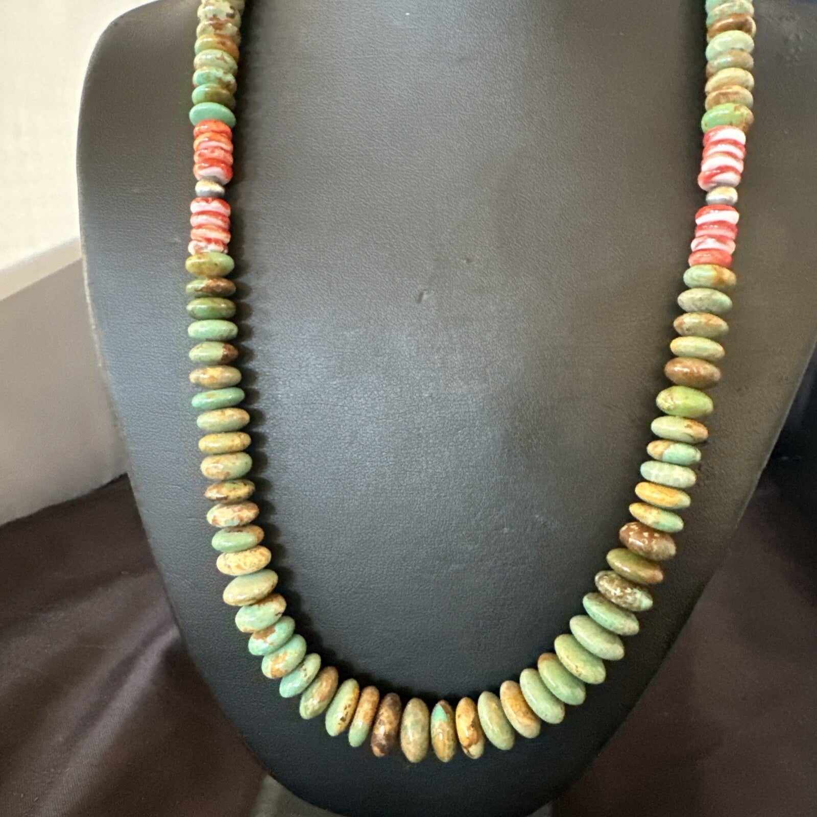 Green Turquoise Red Spiny Oyster Navajo Sterling Silver Necklace 22" 18361