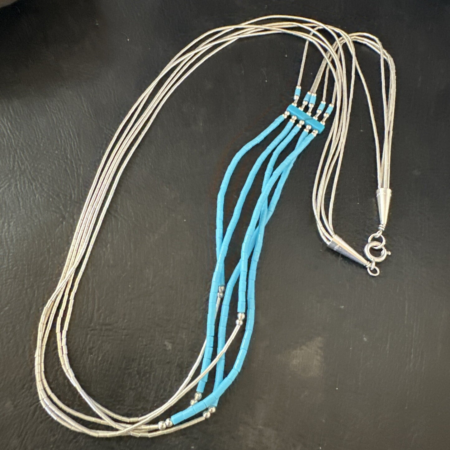 Blue Turquoise 5 Strand Heishi Liquid Sterling Silver Necklace 17854