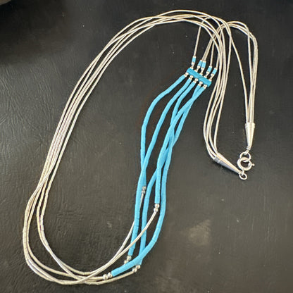 Blue Turquoise 5 Strand Heishi Liquid Sterling Silver Necklace 17854