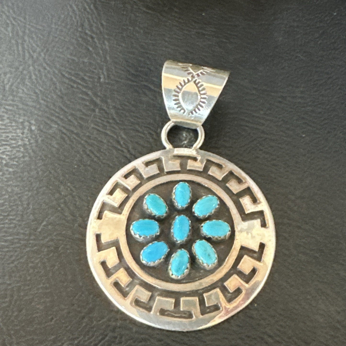 Cluster Blue Kingman Turquoise Navajo Sterling Silver Pendant 2" 19287