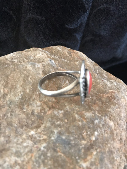 Red Coral Navajo Sterling Silver Old Pawn Ring Size 6 03485