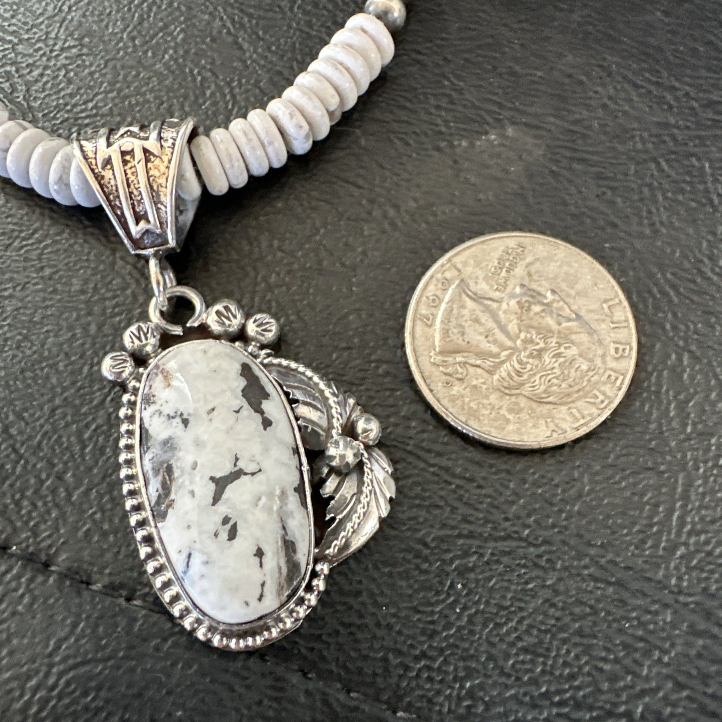 White Buffalo Turquoise Pendant Navajo Pearls Sterling Silver Necklace 20” 19498