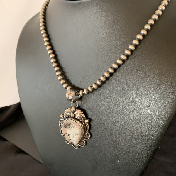 White Buffalo Turquoise Pendant Beads Necklace | Sterling Silver | Authentic Native American Handmade | 11129