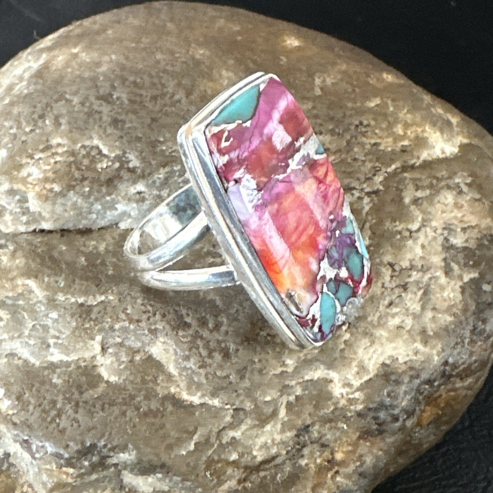 Blue Turquoise Spiny Oyster Navajo Sterling Silver Ring Size 9 18221