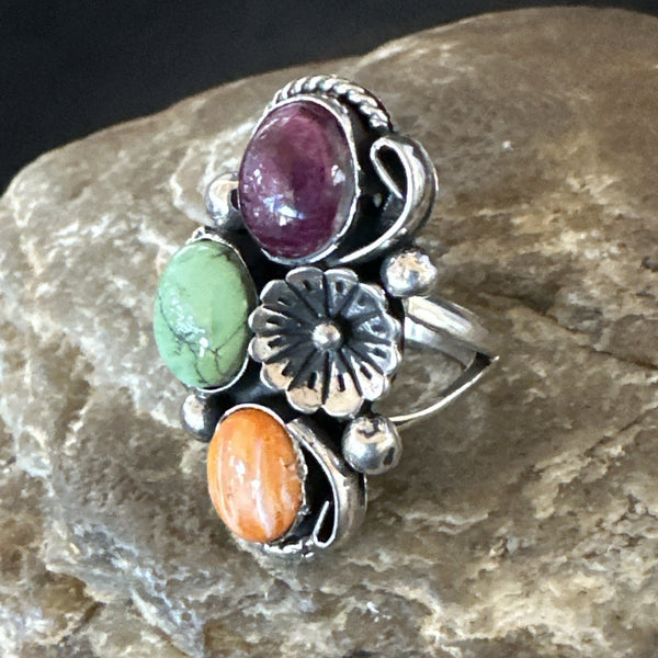 Multicolor Ring Turquoise Spiny Navajo Cluster Size 7 | Sterling Silver | Authentic Native American Handmade | 19179